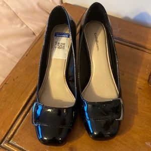 Black patent leather shoes.